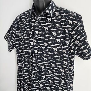 Rip Curl Men's Size Large Short Sleeve Shirt Shark Surf Tropical Black Ocean